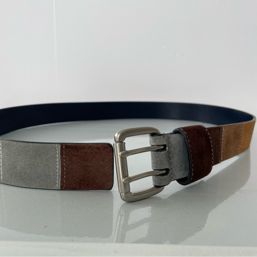 Suede Patch Belt with Silver Buckle Blue and Brown